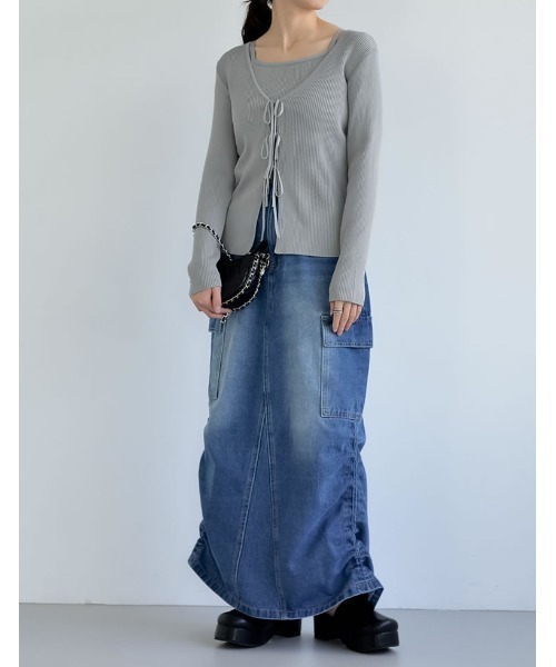 Re:EDIT（リエディ）の「[神山まりあさん着用][2024SS COLLECTION][2点セット]リボンカーディガン×アメスリキャミソールセット（アンサンブル・レディース・ブラック/ホワイト/グレー・LARGE/MEDIUM）」の14枚目の写真