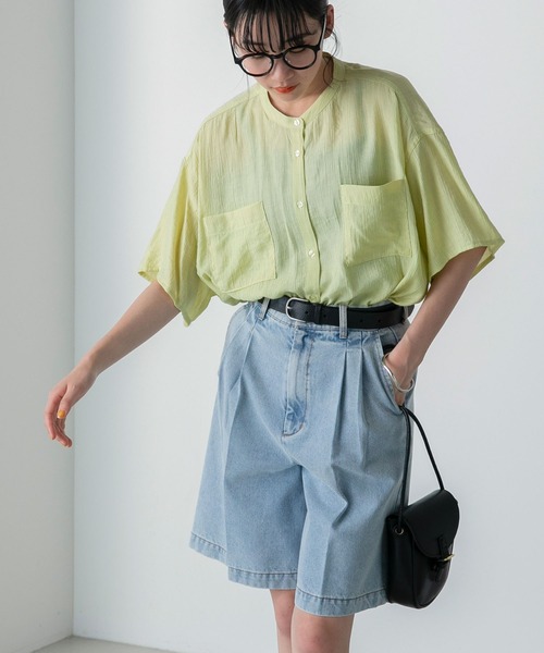 forksy.(フォルクシー)の「【forksy.】ルーズシルエット半袖バンドカラー楊柳シャツ(シャツ/ブラウス・レディース・オレンジ/ライム/オフホワイト/チャコールグレー・FREE)」の3枚目の写真