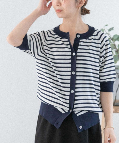 FORK&SPOON（フォークアンドスプーン）の「『洗濯可』FORK&SPOON　ラグラン5部袖カーディガン（カーディガン/ボレロ・レディース・ネイビー/ホワイト系その他/グレー系その他・1）」の11枚目の写真