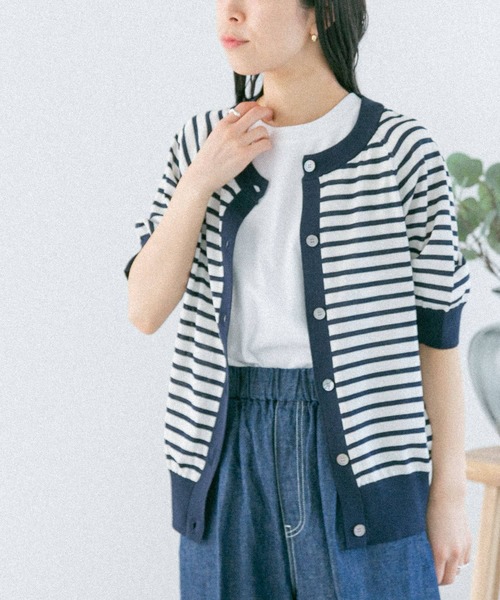 FORK&SPOON（フォークアンドスプーン）の「『洗濯可』FORK&SPOON　ラグラン5部袖カーディガン（カーディガン/ボレロ・レディース・ネイビー/ホワイト系その他/グレー系その他・1）」の5枚目の写真