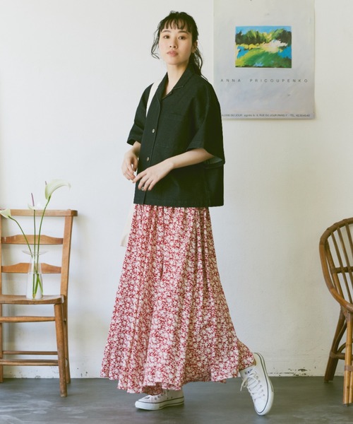 N*売様 美品 Drawer フラワープリント ギャザースカート リネン 麻 花 N*売様 美品 Drawer フラワープリント ギャザースカート リネン