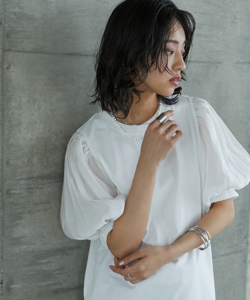GEVS.(ジェイヴィス)の「<大きいサイズ> シアーパフスリーブTシャツ GEVS.(Tシャツ/カットソー・レディース・ブラック/オフホワイト・L/4L/LL/3L/5L)」の9枚目の写真
