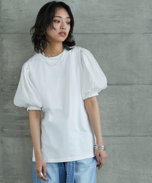 GEVS.(ジェイヴィス)の「<大きいサイズ> シアーパフスリーブTシャツ GEVS.(Tシャツ/カットソー・レディース・ブラック/オフホワイト・L/4L/LL/3L/5L)」の22枚目の写真