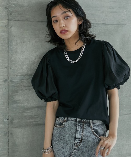 GEVS.(ジェイヴィス)の「<大きいサイズ> シアーパフスリーブTシャツ GEVS.(Tシャツ/カットソー・レディース・ブラック/オフホワイト・L/4L/LL/3L/5L)」の10枚目の写真