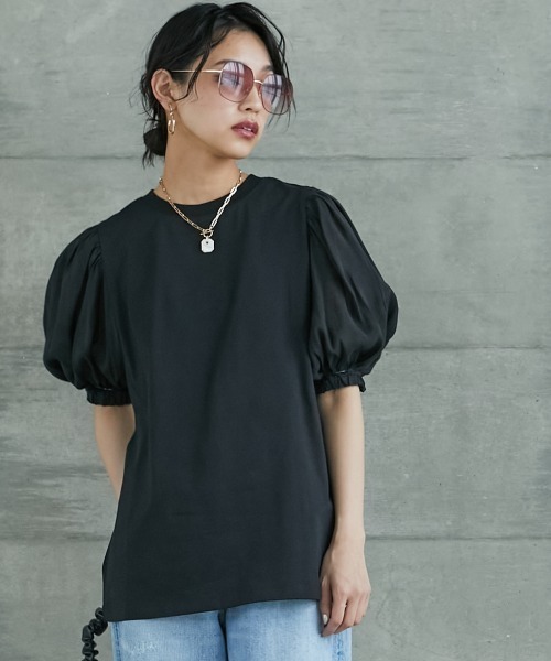 GEVS.(ジェイヴィス)の「<大きいサイズ> シアーパフスリーブTシャツ GEVS.(Tシャツ/カットソー・レディース・ブラック/オフホワイト・L/4L/LL/3L/5L)」の3枚目の写真