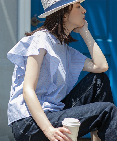 ラッフルフリルスリーブブラウス【UV/イージーケア/洗濯機洗い可】