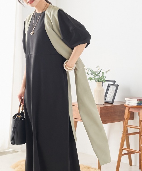 梨地ランタンスリーブワンピース半袖