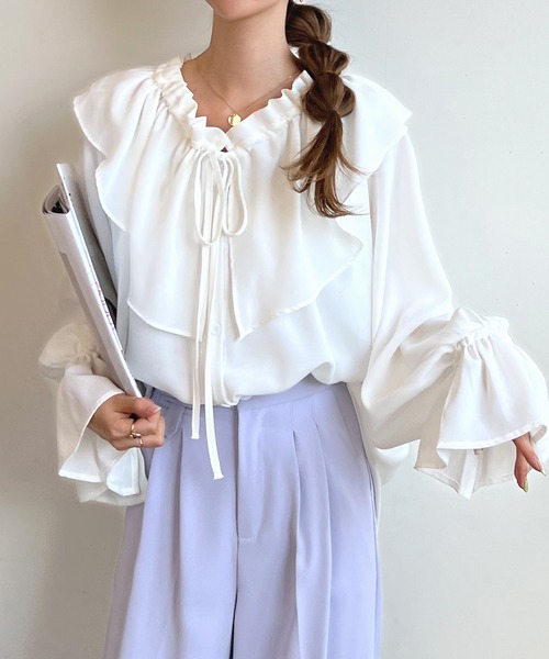 Futier land（フューティアランド）の「BIGカラーフリルチュニックブラウス（シャツ/ブラウス・レディース・オレンジ/ホワイト/グレイッシュベージュ/カーキ/ブラック/ライトイエロー・FREE）」の2枚目の写真