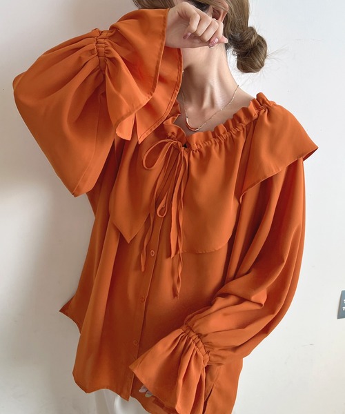 Futier land（フューティアランド）の「BIGカラーフリルチュニックブラウス（シャツ/ブラウス・レディース・オレンジ/ホワイト/グレイッシュベージュ/カーキ/ブラック/ライトイエロー・FREE）」の6枚目の写真