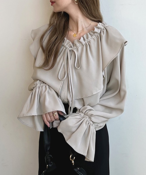 Futier land（フューティアランド）の「BIGカラーフリルチュニックブラウス（シャツ/ブラウス・レディース・オレンジ/ホワイト/グレイッシュベージュ/カーキ/ブラック/ライトイエロー・FREE）」の9枚目の写真