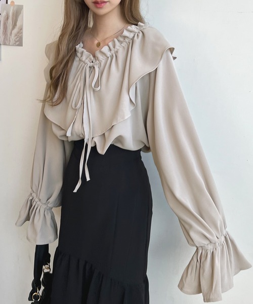 Futier land（フューティアランド）の「BIGカラーフリルチュニックブラウス（シャツ/ブラウス・レディース・オレンジ/ホワイト/グレイッシュベージュ/カーキ/ブラック/ライトイエロー・FREE）」の13枚目の写真