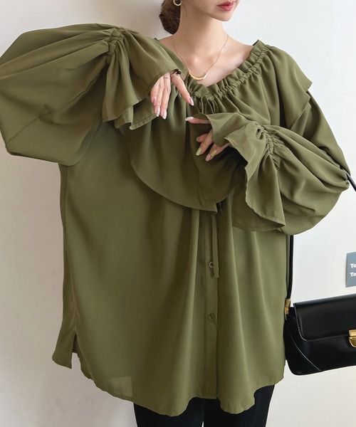 Futier land（フューティアランド）の「BIGカラーフリルチュニックブラウス（シャツ/ブラウス・レディース・オレンジ/ホワイト/グレイッシュベージュ/カーキ/ブラック/ライトイエロー・FREE）」の17枚目の写真