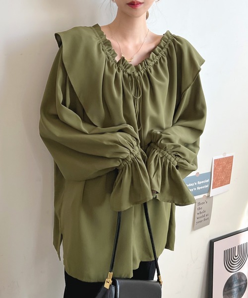 Futier land（フューティアランド）の「BIGカラーフリルチュニックブラウス（シャツ/ブラウス・レディース・オレンジ/ホワイト/グレイッシュベージュ/カーキ/ブラック/ライトイエロー・FREE）」の18枚目の写真