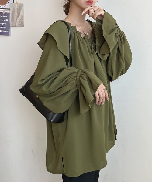 Futier land（フューティアランド）の「BIGカラーフリルチュニックブラウス（シャツ/ブラウス・レディース・オレンジ/ホワイト/グレイッシュベージュ/カーキ/ブラック/ライトイエロー・FREE）」の20枚目の写真