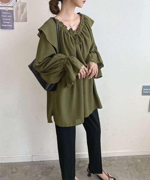 Futier land（フューティアランド）の「BIGカラーフリルチュニックブラウス（シャツ/ブラウス・レディース・オレンジ/ホワイト/グレイッシュベージュ/カーキ/ブラック/ライトイエロー・FREE）」の21枚目の写真