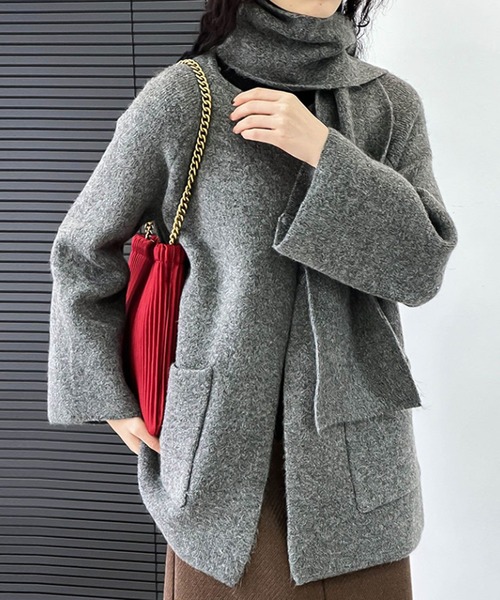 Girly Doll（ガーリードール）の「ノーカラーニットコート＆マフラー（ノーカラーコート・レディース・ベージュ/ダークグレー・F）」の4枚目の写真