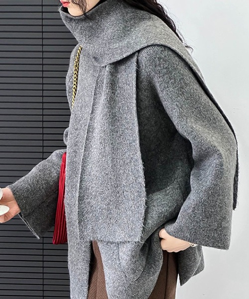 Girly Doll（ガーリードール）の「ノーカラーニットコート＆マフラー（ノーカラーコート・レディース・ベージュ/ダークグレー・F）」の5枚目の写真