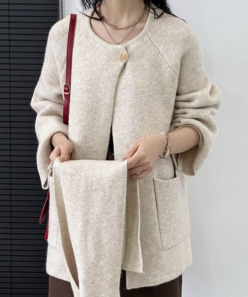 Girly Doll（ガーリードール）の「ノーカラーニットコート＆マフラー（ノーカラーコート・レディース・ベージュ/ダークグレー・F）」の7枚目の写真