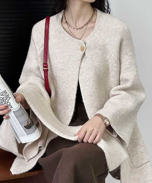 Girly Doll（ガーリードール）の「ノーカラーニットコート＆マフラー（ノーカラーコート・レディース・ベージュ/ダークグレー・F）」の8枚目の写真