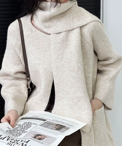 Girly Doll（ガーリードール）の「ノーカラーニットコート＆マフラー（ノーカラーコート・レディース・ベージュ/ダークグレー・F）」の9枚目の写真