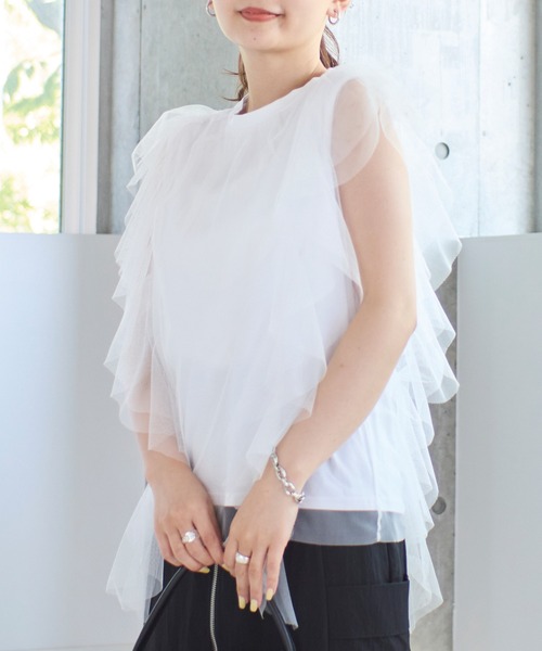 ホワイト チュール トップス セール】チュールフリルスリーブトップス（Tシャツ/カットソー