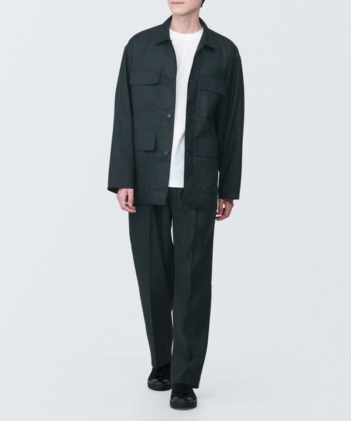 ヘンプ混シャツジャケット+ヘンプ混タックストレートパンツ セットアップ XL ブラック ヘンプ混 シャツジャケット タックストレートパンツ