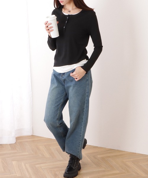 ベーシック ヘンリーネック 長袖 レイヤード風 カットソートップス（T