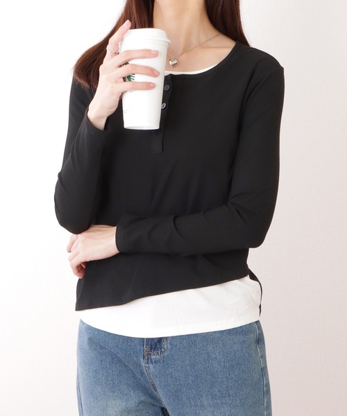Lace Ladies(レースレディース)の「ベーシック ヘンリーネック 長袖 レイヤード風 カットソートップス(Tシャツ/カットソー・レディース・ブラック・XL/M/S)」の6枚目の写真