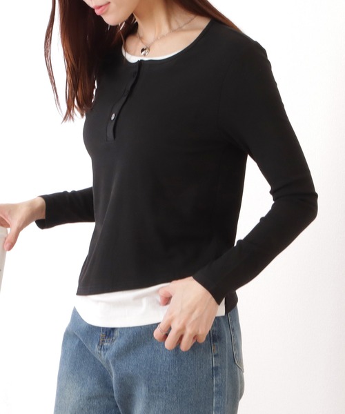 Lace Ladies(レースレディース)の「ベーシック ヘンリーネック 長袖 レイヤード風 カットソートップス(Tシャツ/カットソー・レディース・ブラック・XL/M/S)」の7枚目の写真
