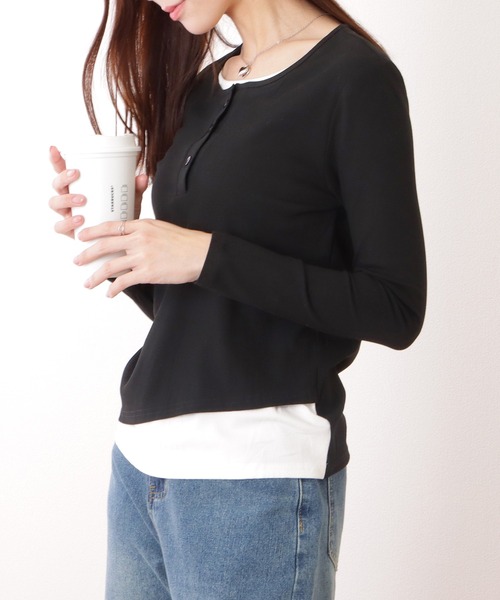 Lace Ladies(レースレディース)の「ベーシック ヘンリーネック 長袖 レイヤード風 カットソートップス(Tシャツ/カットソー・レディース・ブラック・XL/M/S)」の8枚目の写真