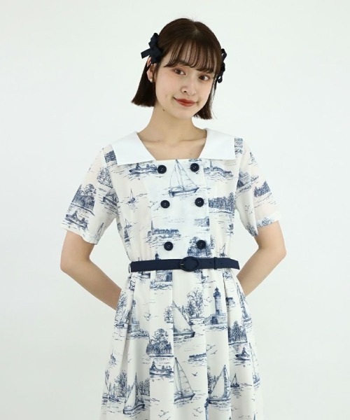 正規品♡オンライン限定♡トイプードル柄ネルワンピース♡グレー F i.n.t（フィント）の「トワル風マリン柄ワンピース/fint