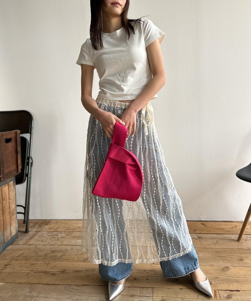 Y2K ロングスカート レース レイヤード シースルー スカート gossip!ロサンゼルス スカート Y2K刺繍花柄 レースオーバー