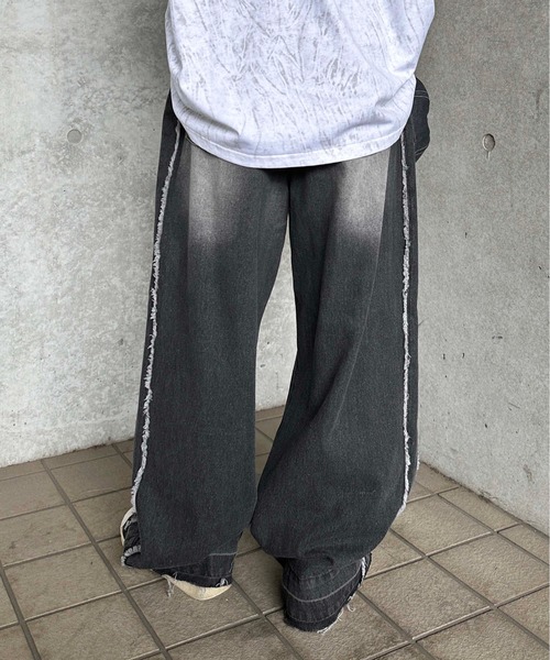 OPENING ACTブラックオーバーダイサイドジップオーバーデニムパンツ スーパーランダムポケットクラッシュデニムカーゴパンツ / オーバー