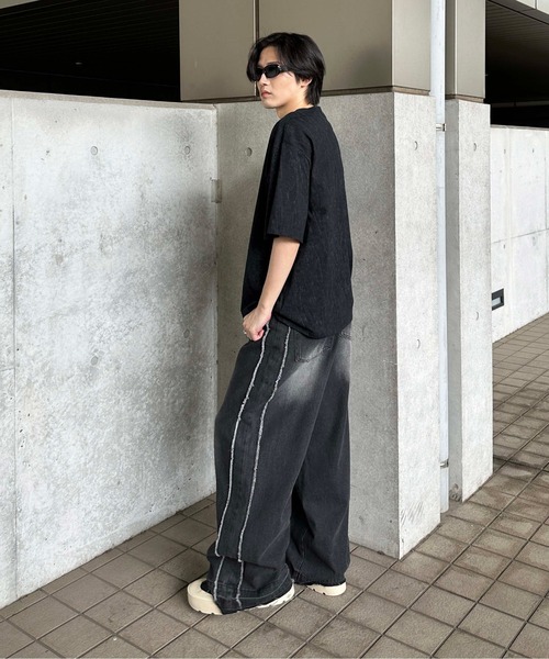 OPENING ACTブラックオーバーダイサイドジップオーバーデニムパンツ OPENING ACT] ブラックオーバーダイサイドジップオーバーデニム