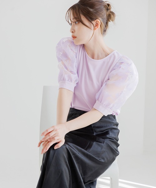 Dita Muaj.（ディータムアージュ）の「オパール袖切替鹿の子トップス（Tシャツ/カットソー・レディース・アイボリー/ブラック/ライラック・FREE）」の3枚目の写真