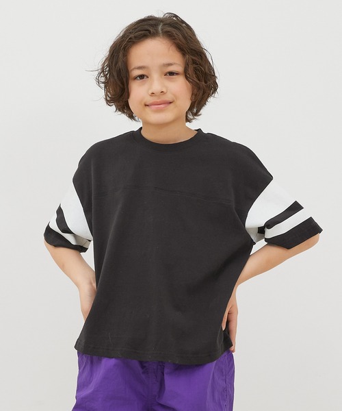 Tシャツ・カットソー COTTON T-SHIRT セール】キッズ コットン袖ラインフットボールTシャツ（Tシャツ