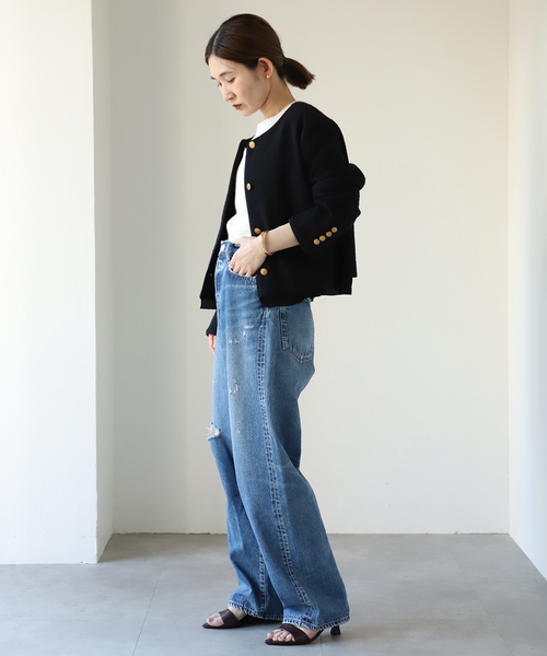 VERMEIL par iena　ツイードニットジャケット　金ボタン　ノーカラー セール】ノーカラーツイードジャケット（ノーカラージャケット