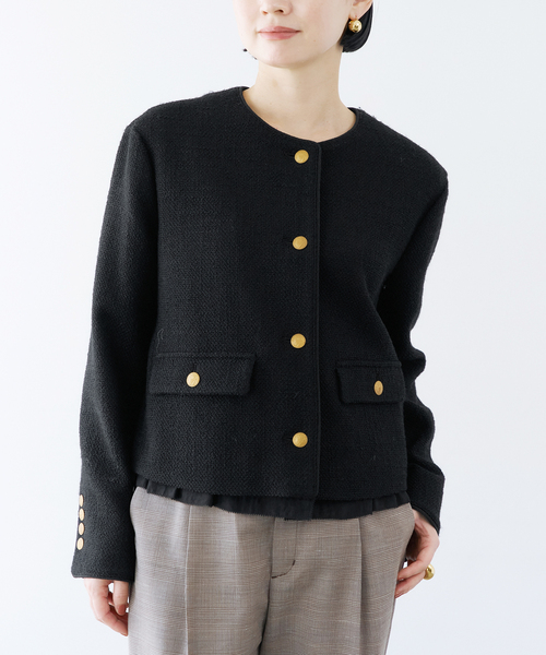 VERMEIL par iena　ツイードニットジャケット　金ボタン　ノーカラー VERMEIL par iena ツイードニットジャケット 金ボタン ノーカラー