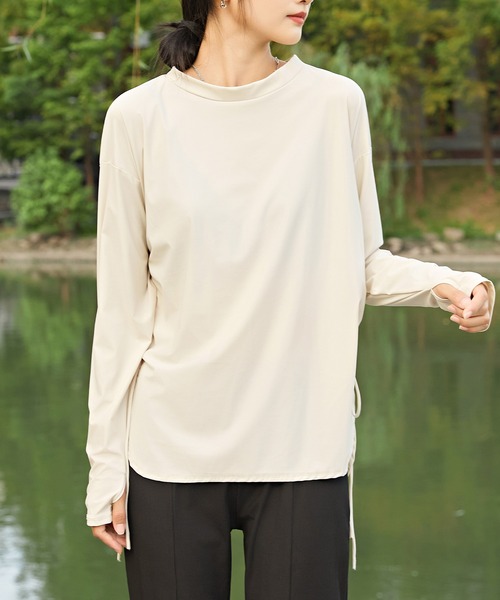 Lace Ladies（レースレディース）の「【2点セット】 ソリッドカラー サイドシャーリング クルーネック ラッシュガード 水陸両用（ラッシュガード・レディース・アイボリー/ブラック/ベージュ/グリーン・FREE/S）」の7枚目の写真