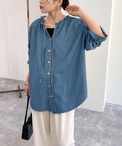 新品　fredy emue フレディエミュ　デニムフリルステンカラーシャツ デニムフリルステンカラーシャツ（5-0021-1-21-003）｜fredy