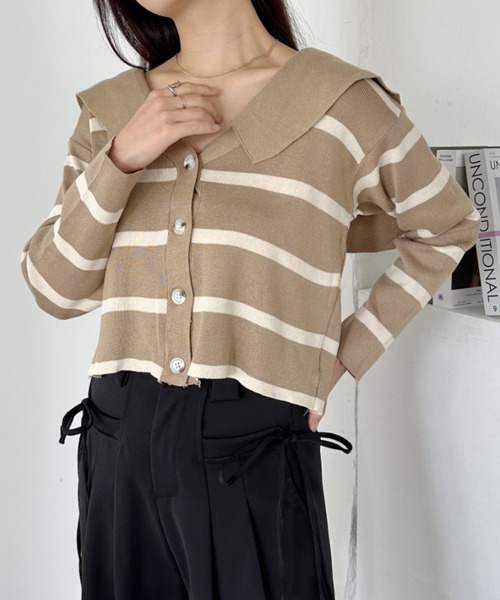 おあさ。Livre   claire。ニットセーターです。 セール】セーラーカラーボーダーニットカーディガン（ニット/セーター
