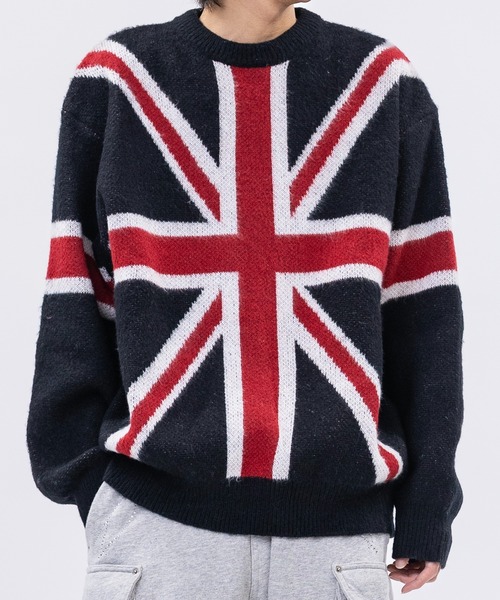 セール】【13】モヘアライク フラッグロゴ ジャガード クルーネック