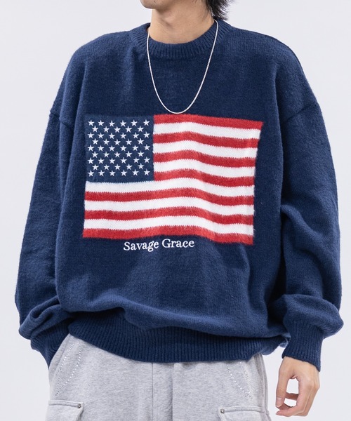 セール】【13】モヘアライク フラッグロゴ ジャガード クルーネック