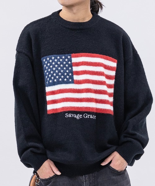 セール】【13】モヘアライク フラッグロゴ ジャガード クルーネック