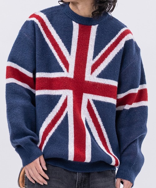 セール】【13】モヘアライク フラッグロゴ ジャガード クルーネック