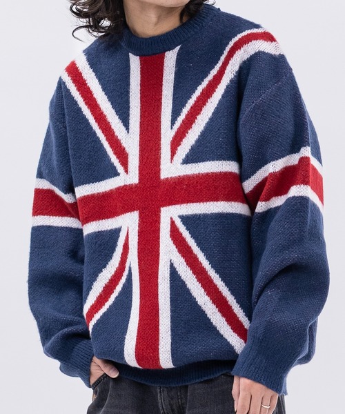 セール】【13】モヘアライク フラッグロゴ ジャガード クルーネック