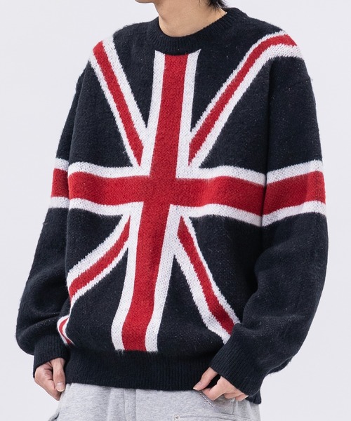 セール】【13】モヘアライク フラッグロゴ ジャガード クルーネック