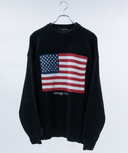 セール】【13】モヘアライク フラッグロゴ ジャガード クルーネック