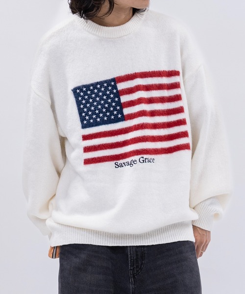 JOHN'S CLOSET（ジョンズクローゼット）の「【13】モヘアライク フラッグロゴ ジャガード クルーネックニット（ニット/セーター・メンズ・ブラック系その他/オフホワイト/グレー系その他/ブラック/イエロー/ネイビー/ライトグレー系/ブルー/グレー系・LARGE/MEDIUM）」の15枚目の写真