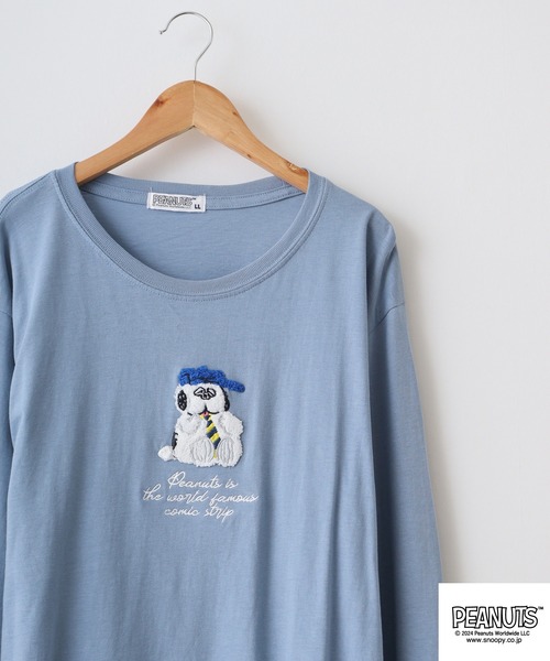 PEANUTS(ピーナッツ)の「PEATNUTS 天竺サガラ刺繍長袖Tシャツ(Tシャツ/カットソー・メンズ・カーキ/ピンクベージュ/ブラック/ブルーグレー/杢グレー/チャコール・M/L/LL)」の3枚目の写真